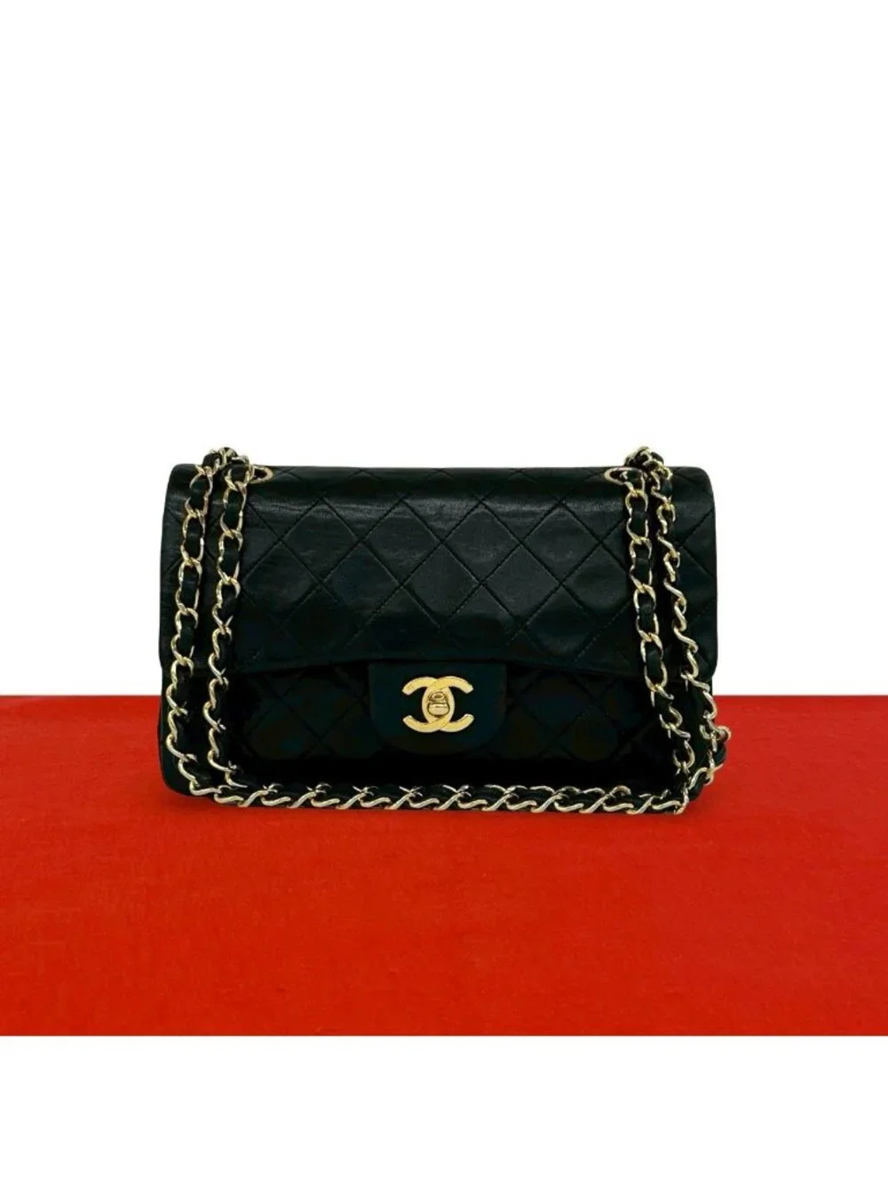 Chanel Double Flap Quilted CC Logo Lambskin Shoulder Bag Pochette Black